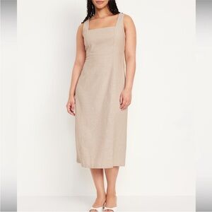 Old Navy Square Neck Linen Shift Dress Coastal Neutral Smocked Beach Travel  SzL